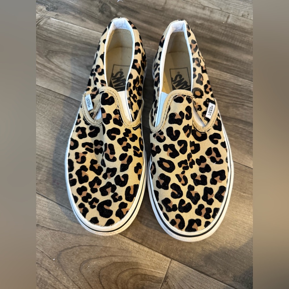 Vans Kids Tan and Black Leopard Slip-On Sneakers
